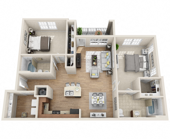 Floor plan for 2 beds, 2 baths, 1214 sqft